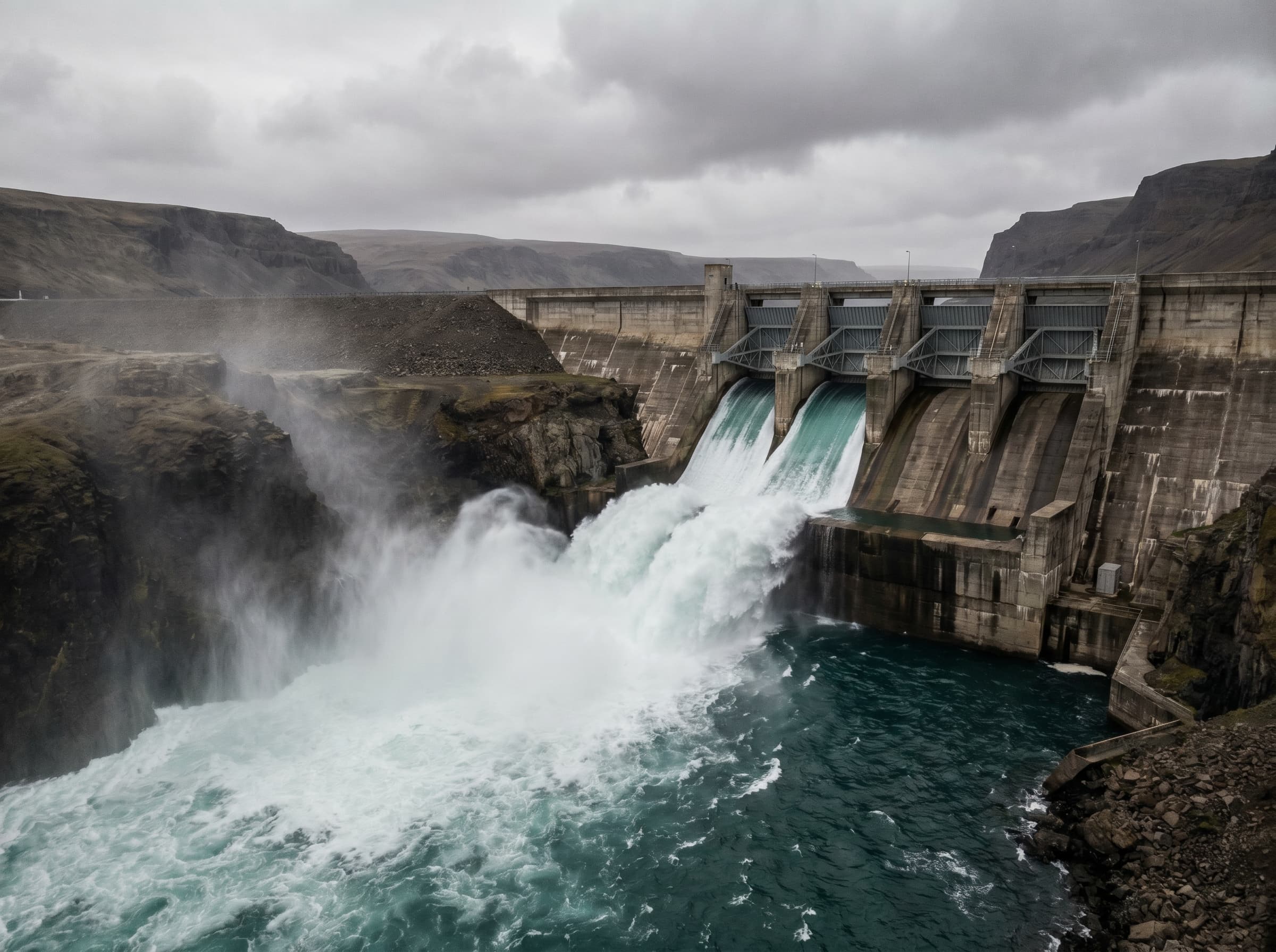 Turquoise water surging through a concrete hydroelectric spillway